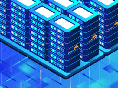 A futuristic server farm featuring two rows of Cloudflare servers. There are bolts of data going to and from the servers from below in all directions in 3D.