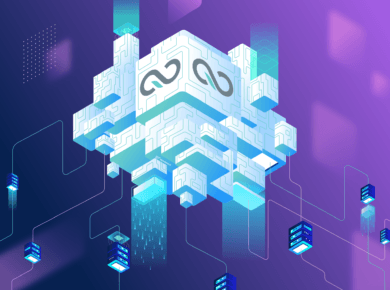 A cloud-shaped server floating in the sky representing QUIC.cloud CDN. It features a futuristic background and has many smaller servers connected to it below.