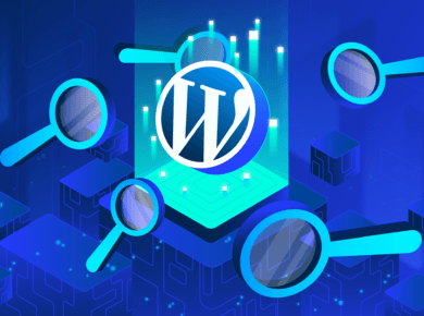 The WordPress logo floating in mid-air in a futuristic setting in space, surrounded by magnifying glasses for the inquisitive reader.