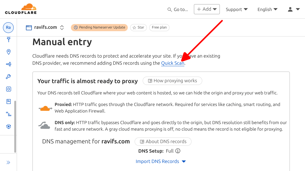 Screenshot of manual entry for DNS records through importing with an option to Quick Scan as recommended by Cloudflare.