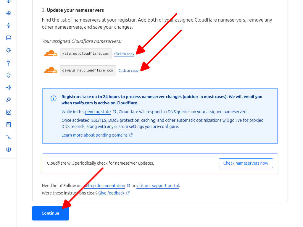 Screenshot of the two Cloudflare assigned nameservers for your domain.