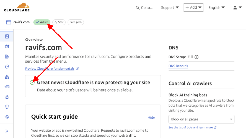 Screenshot showing existing nameservers successfully switched over to Cloudflare nameservers.
