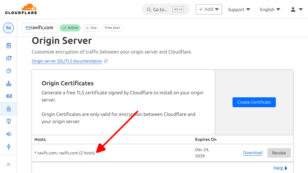 Screenshot showing the origin certificate successfully installed in Cloudflare with covered domains, expiry date and options to download or revoke the certificate.