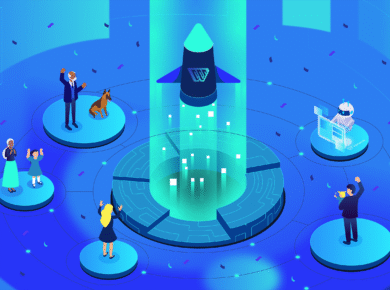 The WPNexus family of characters encircled around a rocket launch in a futuristic room, symbolizing the launch of the WPNexus blog.